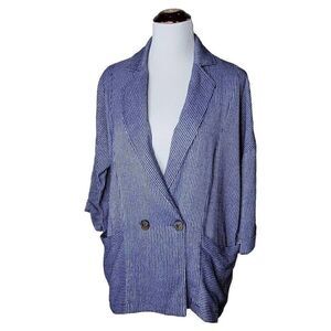 Fashion On Earth Stripe Double Button 3/4 Sleeve Navy Blue Blazer Medium